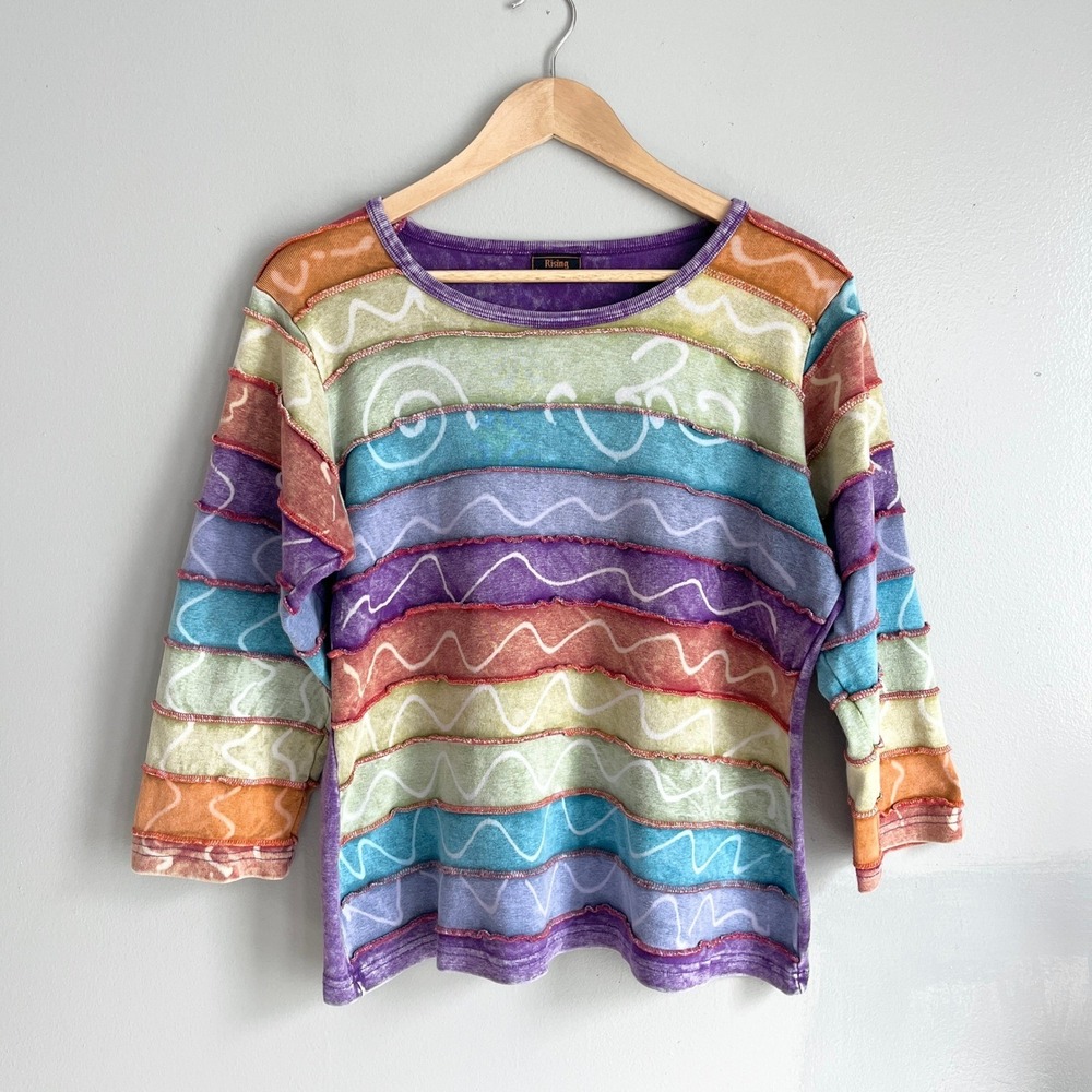 Rising International Boho Festival Patchwork Acid Wash Cotton Top Colorful Size?
